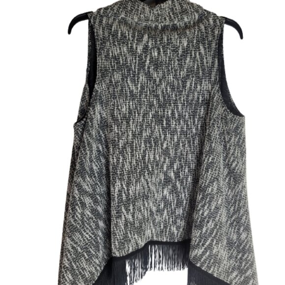 Jessica Simpson Black White Marl Fringe-Hem Vest Open Front Boho - Picture 6 of 10